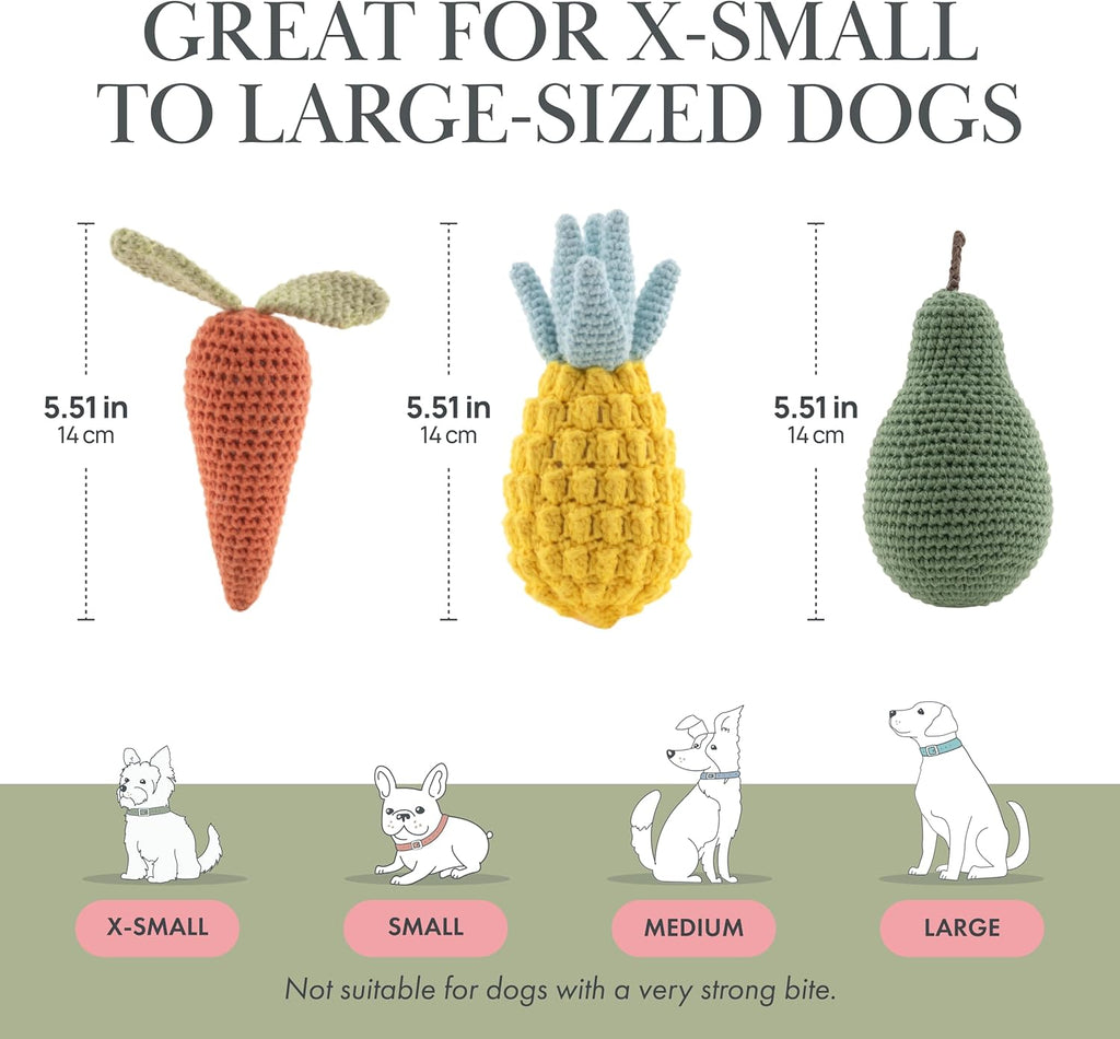 Pack 3 Juguetes Orgánicos para Perros | Zanahoria, Pera y Piña de Algodón