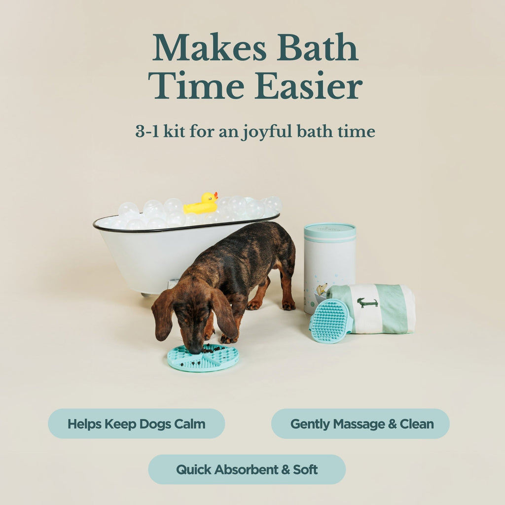 Kit de Baño para Perros 3 en 1 | Cepillo, Lick Mat y Toalla Vegana