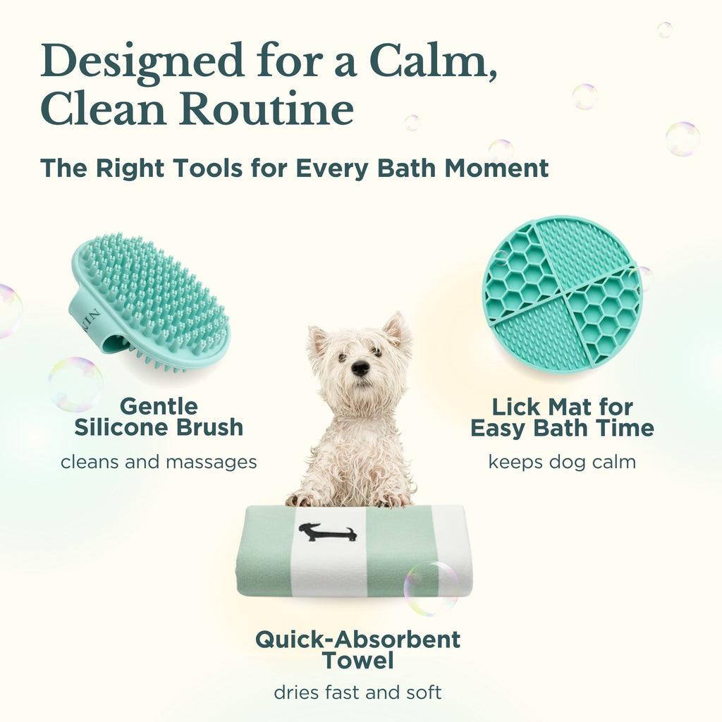 Kit de Baño para Perros 3 en 1 | Cepillo, Lick Mat y Toalla Vegana