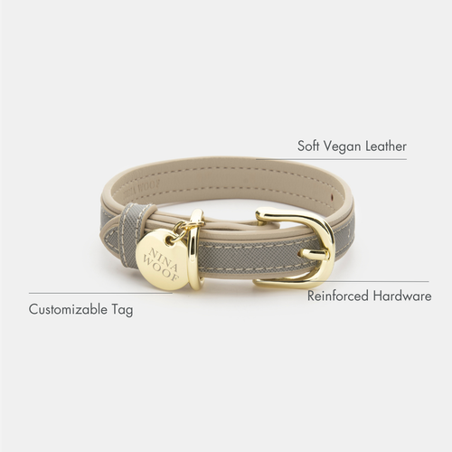 Collar Gris de Cuero Vegano para Perros | Estilo London Saffiano