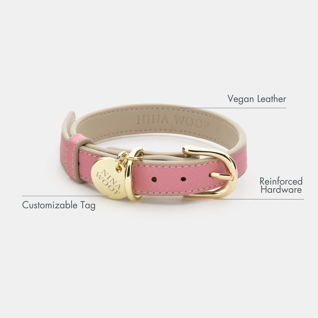 Collar Rosa de Cuero Vegano Estilo Saffiano para Perros | Diseño Rio